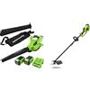 Greenworks Tagliabordi con Falce GD40BC e Soffiatore GD40BV a Batteria (Li-Ion 40 V, 40 cm/25 cm Larghezza Taglio 5300 rpm 280 km/h Controllo della Velocità con 2 Batterie 2Ah e Caricabatteria)