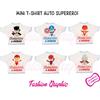 Fashion Graphic MINI T-SHIRT AUTO SUPEREROI SUPERHEROES A BORDO CON NOME SPIDERMAN BATMAN FLASH