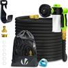 VOUNOT® Tubo Irrigazione Estensibile 15m, Tubo Flessibile da Giardino con Dispenser Sapone e Pistola a Spruzzo d'Acqua 8 Funzioni, Connettore in Ottone 1/2 e 3/4 e Gancio e Organizer Inclusi, Nero