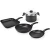 Moneta Etnea Batteria Smart Set da 5 Pezzi, Padella 24 cm, Wok 28 cm, Bistecchiera 28 x 28 cm, Pastaiola 22 cm con Coperchio
