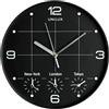 Unilux 400094567 Orologio da Parete On Time 4 Differenti Fusi Orari, Nero Con Lancette Bianche