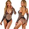 Set Intimo Body Rete Nero Pizzo Rosso Completo Sexy con Guanti Lingerie Donna