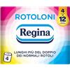 Regina Rotoloni - 4 Maxi Rotoli di Carta Igienica, 500 Fogli a 2 Veli, Lunghi Più del Doppio dei Normali Rotoli, Confezione 50% in Plastica Riciclata, Carta 100% Certificata FSC