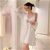 Camicia Da Notte Baby Doll Completo Vestaglia Cintura Raso Satin Bianco 3676