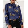 camicia camicetta donna elegante maniche lunghe morbida slim blu oro C013