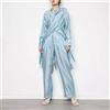 tailleur completo set casacca maglia pantaloni incrocio lucido blu 82683