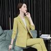 Elegante Tailleur completo donna pantaloni lunghi giallo senape amplia 3786