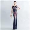 Vestito Abito Elegante Lungo Elegante Sera Sirena Blu Oro Strass 81681