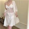 Camicia Da Notte Baby Doll Completo Vestaglia Cintura Raso Satin Bianco 59927