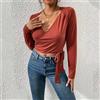 Maglia pullover felpa donna maniche lunghe corta incrocio nodo beige 35684