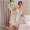 Camicia Da Notte Baby Doll Completo Vestaglia Cintura Raso Satin Bianco 20356