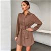 Vestito abito donna corto morbido scamiciato beige chiffon manica lunga A307