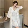 Camicia Da Notte Baby Doll Completo Vestaglia Cintura Raso Satin Bianco 65821