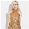 Maglia Maglietta Donna T-shirt Canotta Top Corto Oro Paillette Strass 76143