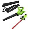 Greenworks soffiatore e aspiratore 2in1 GD40BV e tosasiepi G40HT a batteria, ioni di litio 40V velocità d'aria 280 Km/h, lunghezza lama 61 cm, distanza lame 27 mm, senza batteria e caricabatterie