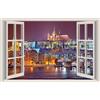 WALL STICKERS ADESIVI MURALI Praga di notte vista città Trompe L'oeil finestra