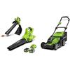 Greenworks Tosaerba a Batteria G40LM41, Tagliabordi a Batteria G40LT, Soffiatore/Aspirafoglie GD40BV, Li-Ion 40 V fino a 600 m², Flowerguard 185 km/h, Regolazione Giri, 2 Batterie 2 Ah, Caricatore