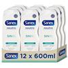 Sanex Gel doccia neutro idratante, 600 ml, confezione da 12, con ingredienti essenziali, 0% solfati, 0% sapone e 0% coloranti, per tutti i tipi di pelle, idratazione duratura, tecnologia a tripla