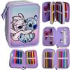 Disney Stitch Astuccio 3 zip Completo Premium Accessoriato Pastelli Pennarelli