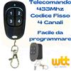 Wttelettronica Radiocomando universale telecomando per cancello apricancello 4 canali x 433 MHz