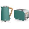 Swan Nordic Set da colazione Bollitore senza fili 1,7 L 2200 W, Tostapane con fessura larga 2 fette, 3 funzioni, design moderno, effetto legno, verde