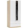 Habitdesign Armadio Guardaroba 2 Ante 2 Cassetti Barra Appendiabiti 80x52x180 Bianco Rovere
