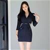 Tubino Vestito Abito Donna Elegante Manica Lunga Blu Gessato Raso 26069