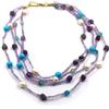 COLLANA IN ORO GIALLO, 18K, MULTIFILO, AMETISTA VIOLA, PERLE E PASTA DI TURCHESE