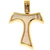CIONDOLO CROCE IN ORO GIALLO 18K, TAU, FRANCESCANA, CON MADREPERLA, 20 MM
