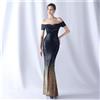 Vestito Abito Elegante Lungo Evento Blu Oro Sirena Strass Morbido 90006