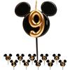 dekora - Candeline di Compleanno di Topolino - Candele di Disney di Cera di Paraffina Senza Fragranza - Candela di Compleanno con Orecchie di Mickey Mouse Nero e Oro - 8,5 cm - Candeline Numero 9