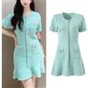 Vestito Abito Donna Corto Elegante Scollato Verde Tiffany Coste Raso 33036