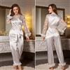 Pigiama Donna Completo Set Pantaloni Maglia Blusa Bianco Raso Satin 33516