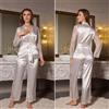 Pigiama Donna Completo Set Pantaloni Maglia Blusa Bianco Raso Satin 33515