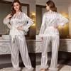 Pigiama Donna Completo Set Pantaloni Maglia Blusa Bianco Raso Satin 33519