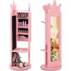 FANTASK Armadietto per gioielli per bambini, girevole a 360°, armadio a specchio 4 in 1, con specchio e supporto per vestiti, organizer per gioielli da ragazza, colore rosa, per bambini a partire dai