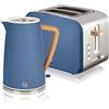 Swan Nordic Set Colazione Bollitore Acqua Senza Fili 1.7L 2200W Tostapane Pane Slot Larga 2 Fette 3 Funzioni Design Moderno Effetto Legno Blu Opaco