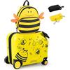 FANTASK Valigia per bambini + zaino, trolley per bambini da 12 + 18 con ruote e custodia rigida impermeabile, api, 12+18, Valigetta per bambini