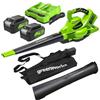 Greenworks 48V(2x24V) Aspirafoglie Soffiatore a Batteria con Tracolla, Motore Brushless, 322km/h, 9m³/min, Sacco di Raccolta 45L, 2 4Ah Batterie, e Caricabatterie, Garanzia 3 Anni GD24X2BVK4X