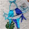 Bikini Donna Due Pezzi Triangolo Mini Tanga Sgambato Blu Bicolor Gioiello AB77E