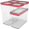Rotho Loft - Set di 5 barattoli con coperchio, in plastica per uso alimentare (SAN), senza BPA, trasparente/rosso, 2 x 1,5 l + 2 x 0,5 l + 1 x 2,1 l (21,4 x 23,5 cm)