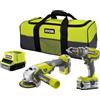 Ryobi Kit trapano elettrico a batteria 18V con percussione + smerigliatrice angolare