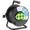 Electraline 49028 Avvolgicavo Bricolage 25 m, con 4 Prese Schuko, Cavo 3G2.5, Nero