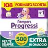 Pampers Progressi Junior, Taglia 5 (11-25 kg), 108 Pannolini Bambino | Formato Scorta, Indicatore di Bagnato, Pelli Delicate, Linguette Rinforzate, Anti-Fuoriuscite, 500 Punti Omaggio