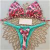Bikini Acqua E Rosa Foglie Astratte Con Perizoma Sexy A V Intrecciato - 1D59