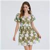 Vestito Corto Ricamato Verde Prato Fiori A Rilievo E Maniche A Sbuffo CF50389