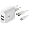 Belkin, Caricatore da Muro 2X USB 24W + Cavo da USB a USB-C Boost Charge, Bianco