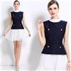 Vestito Blu Marino Con Gonna Plissettata Bianca Elegante Bottoni Oro CF53972