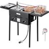 VEVOR Friggitrice a gas propano a doppio serbatoio 9 lx2, dispositivo di cottura a propano in acciaio inox, freestanding con piattaforma pieghevole e regolazione del calore, per esterno ristorante