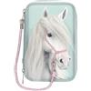 Depesche 13692 Miss Melody - Astuccio a 3 Scomparti in Verde Salvia, con Applicazione di Testa di Cavallo e Morbida criniera, Astuccio con matite Colorate, Forbici, Righello e Molto Altro.